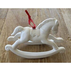 Vintage Dept 56 Bone White China Rocking Horse Christmas Ornament With Red Bow